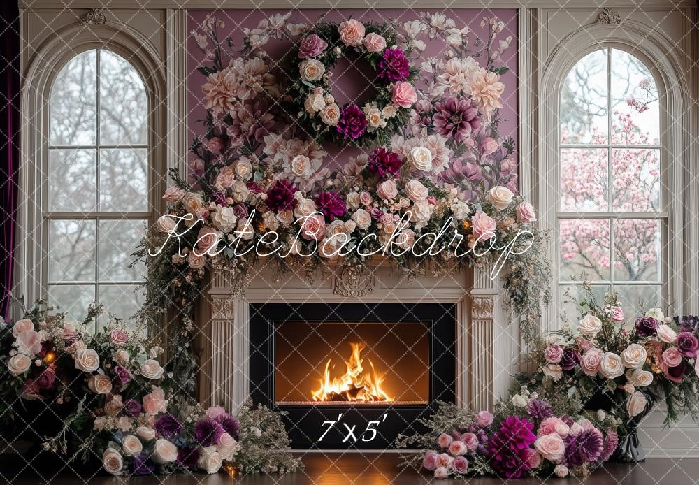 Kate Spring Retro Purple Floral Fireplace Backdrop Designed by Mini MakeBelieve