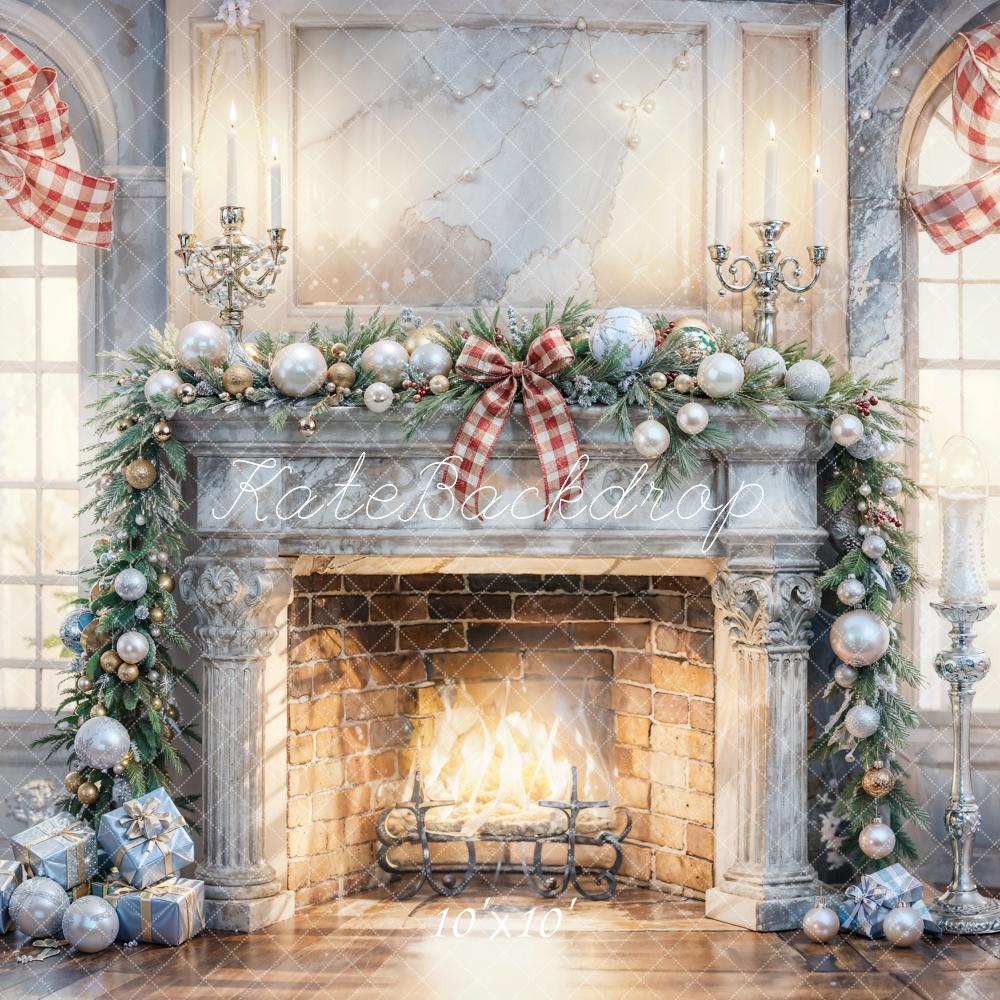 Kate Christmas Interior White Gray Broken Fireplace Backdrop Designed by Chain