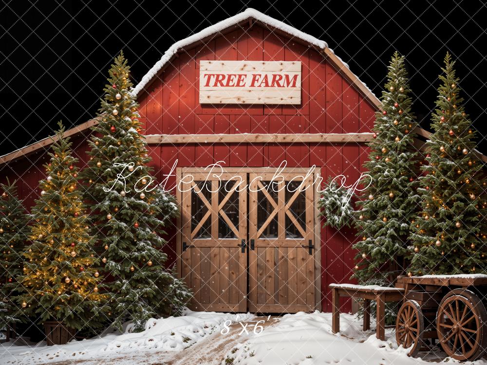 Kate Christmas Forest Red Tree Farm House Backdrop Designed by Emetselch