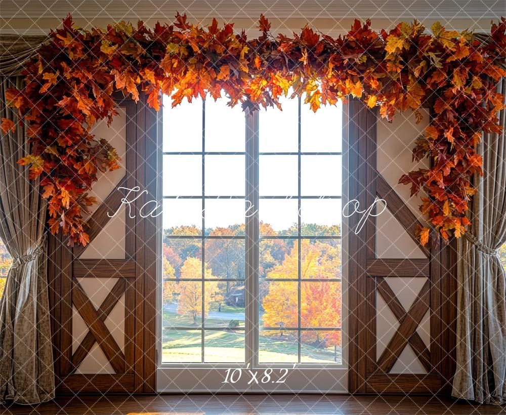 Kate Fall Window Leaf Garland White Barn Door Backdrop Designed by Mini MakeBelieve