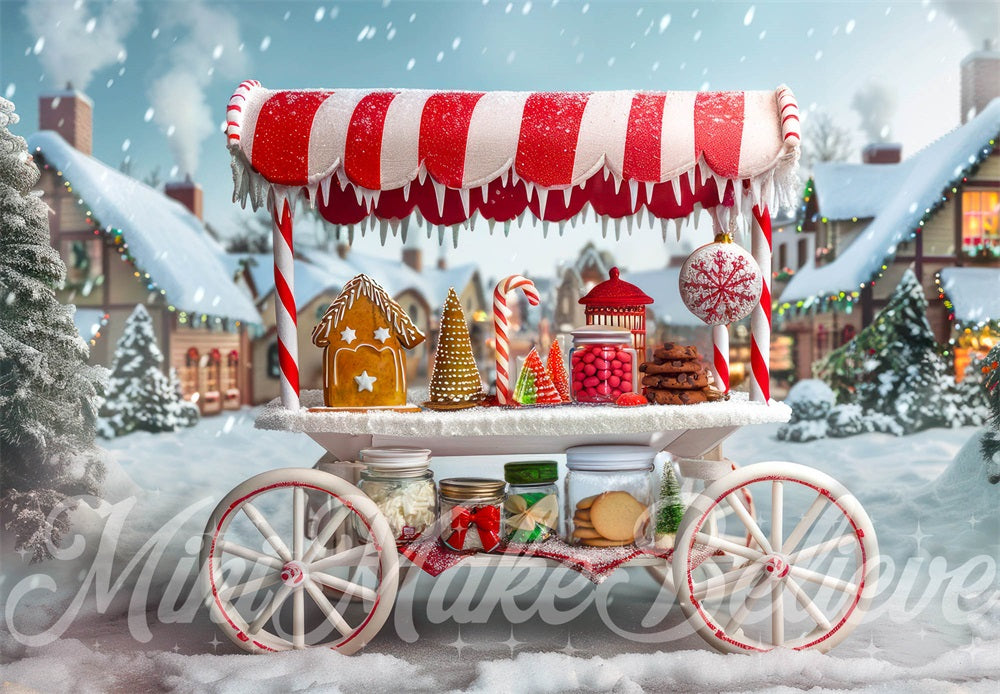 Kate Christmas Town Gingerbread Red Candy Stand Cart Backdrop Designed by Mini MakeBelieve