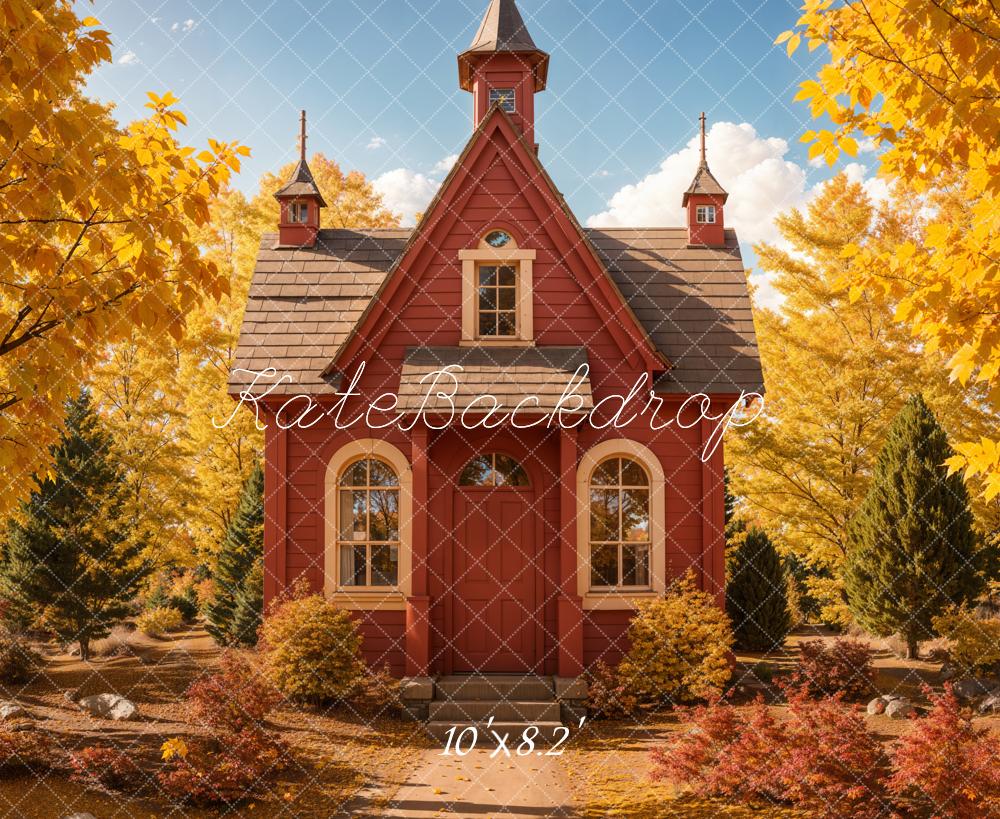 Back to School Fall Forest Retro Red House Foto Achtergrond Designed by Emetselch