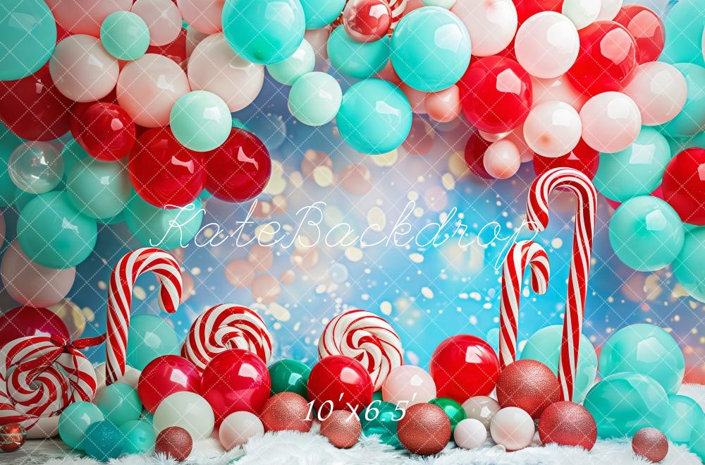 Kate Christmas Cake Smash Red Blue Balloon Arch Candy Cane Backdrop Designed by Patty Robert