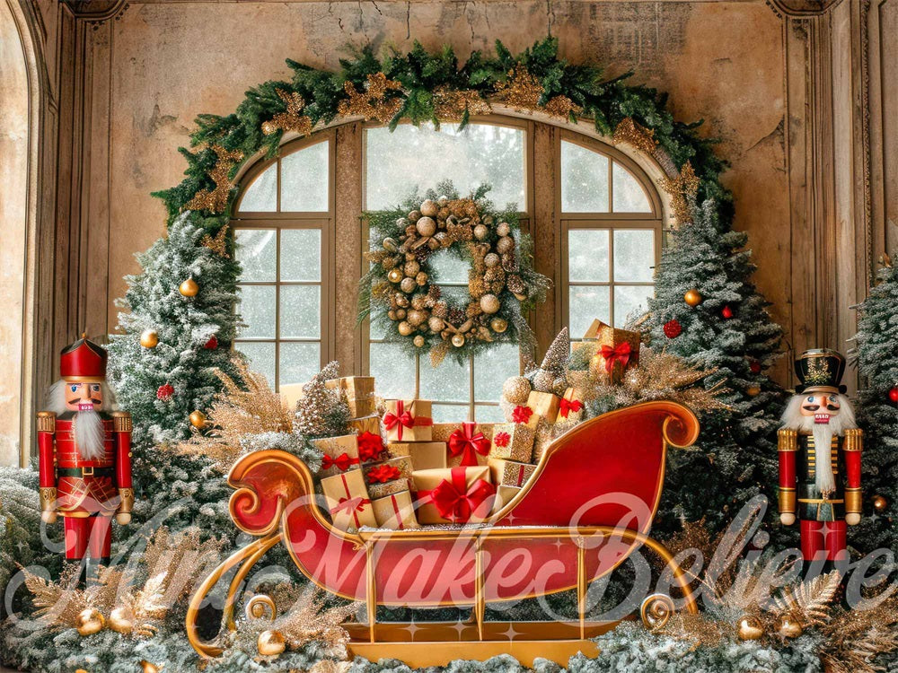 Kate Christmas Indoor Nutcracker Red Sleigh Arched Window Backdrop Designed by Mini MakeBelieve