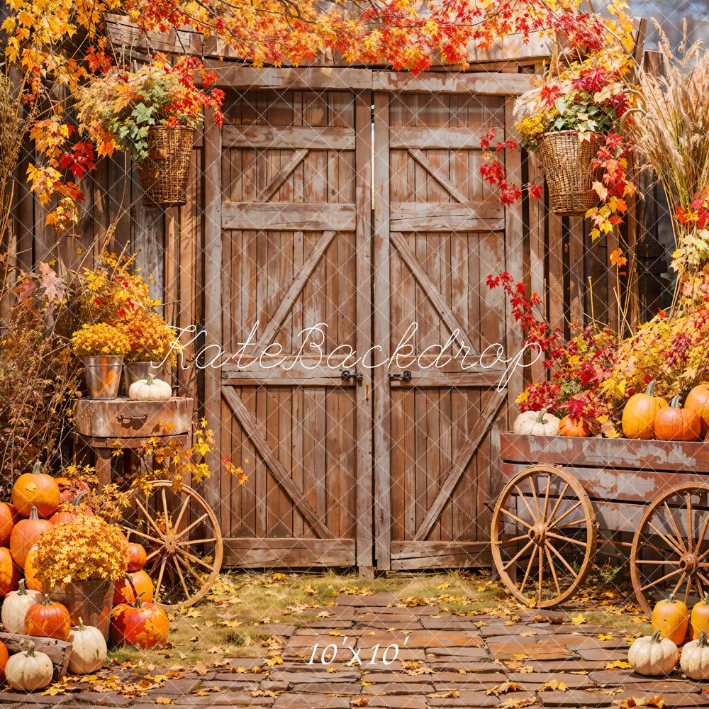 Fondo de Puerta de Granero con Hoja de Arce Flor Calabaza Boho Otoño Diseño de Emetselch