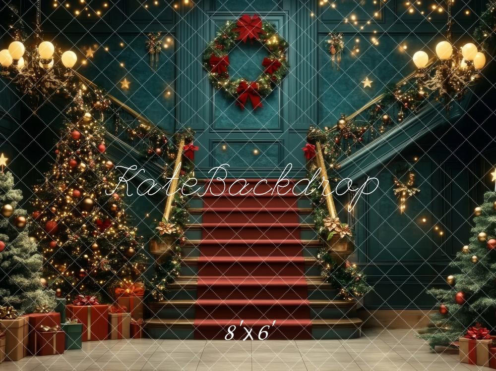 Kate Christmas Tree Cascading Stairs Retro Blue Backdrop Designed by Lidia Redekopp