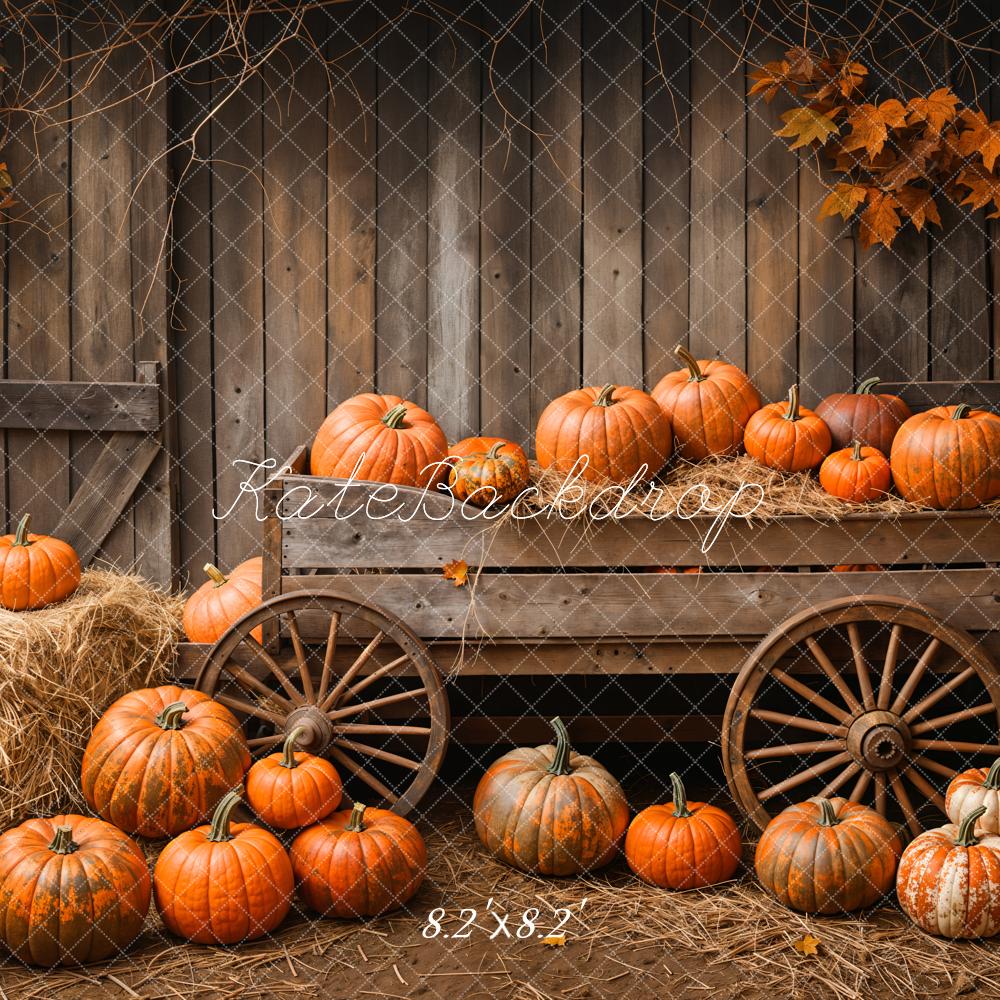 Fall Barn Door Pumpkin Cart Maple Leaves Backdrop Designed by Emetselch