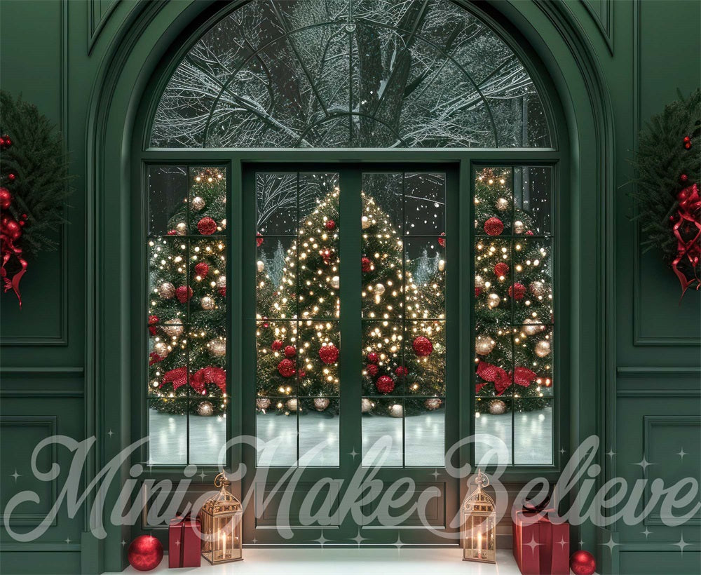 Kate Christmas Vintage Dark Green Arched Window Backdrop Designed by Mini MakeBelieve