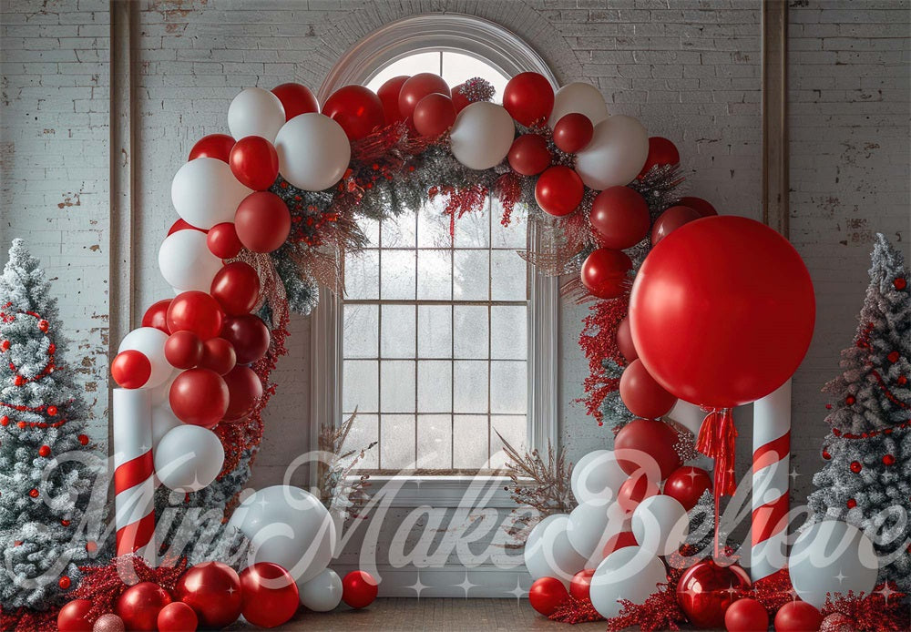 Christmas Colorful Balloon Arch Retro White Brick Wall Backdrop Designed by Mini MakeBelieve
