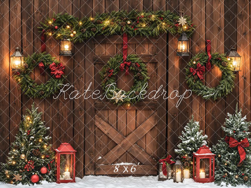 Kate Christmas Brown Wood Door Wreaths Backdrop Designed by Emetselch