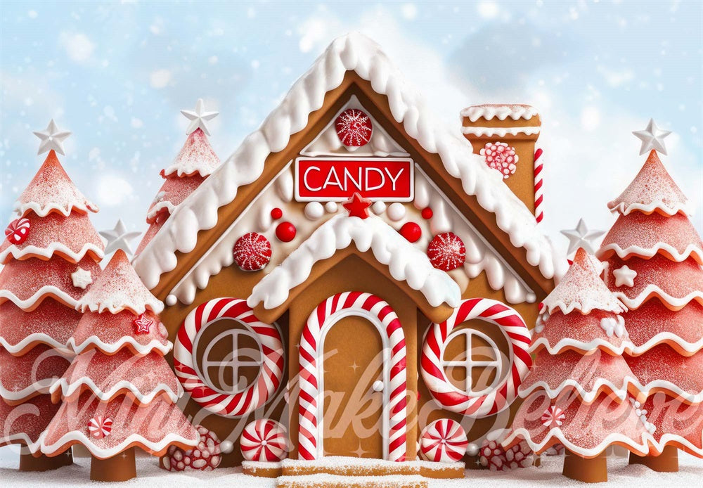 Kate Red Christmas Tree Dreamy Gingerbread Candy House Backdrop Designed by Mini MakeBelieve