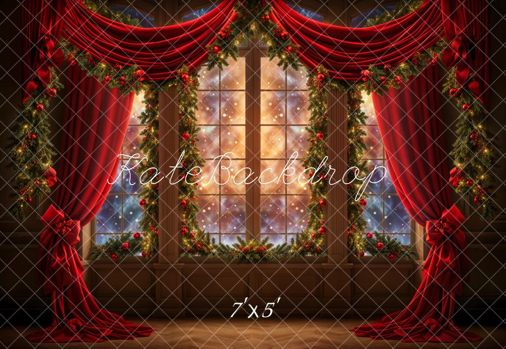 Kate Christmas Dreamy Red Curtain Retro Arched Window Backdrop Designed by Emetselch