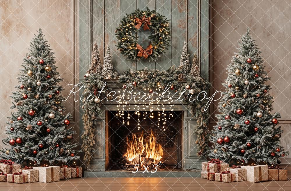 Kate Christmas Tree Vintage Fireplace Khaki Walls Backdrop Designed by Emetselch