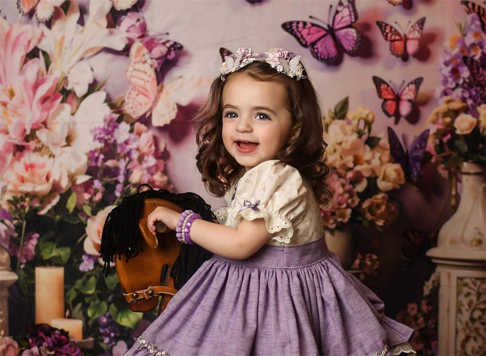 Kate Spring Pink and Purple Flowers Butterfly Wall Backdrop Designed by Emetselch