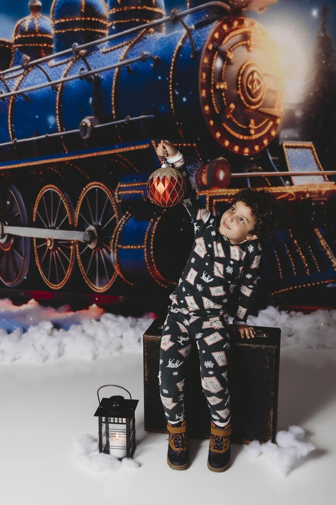 Kate Christmas Light Train in Snowy Night Backdrop for Photography