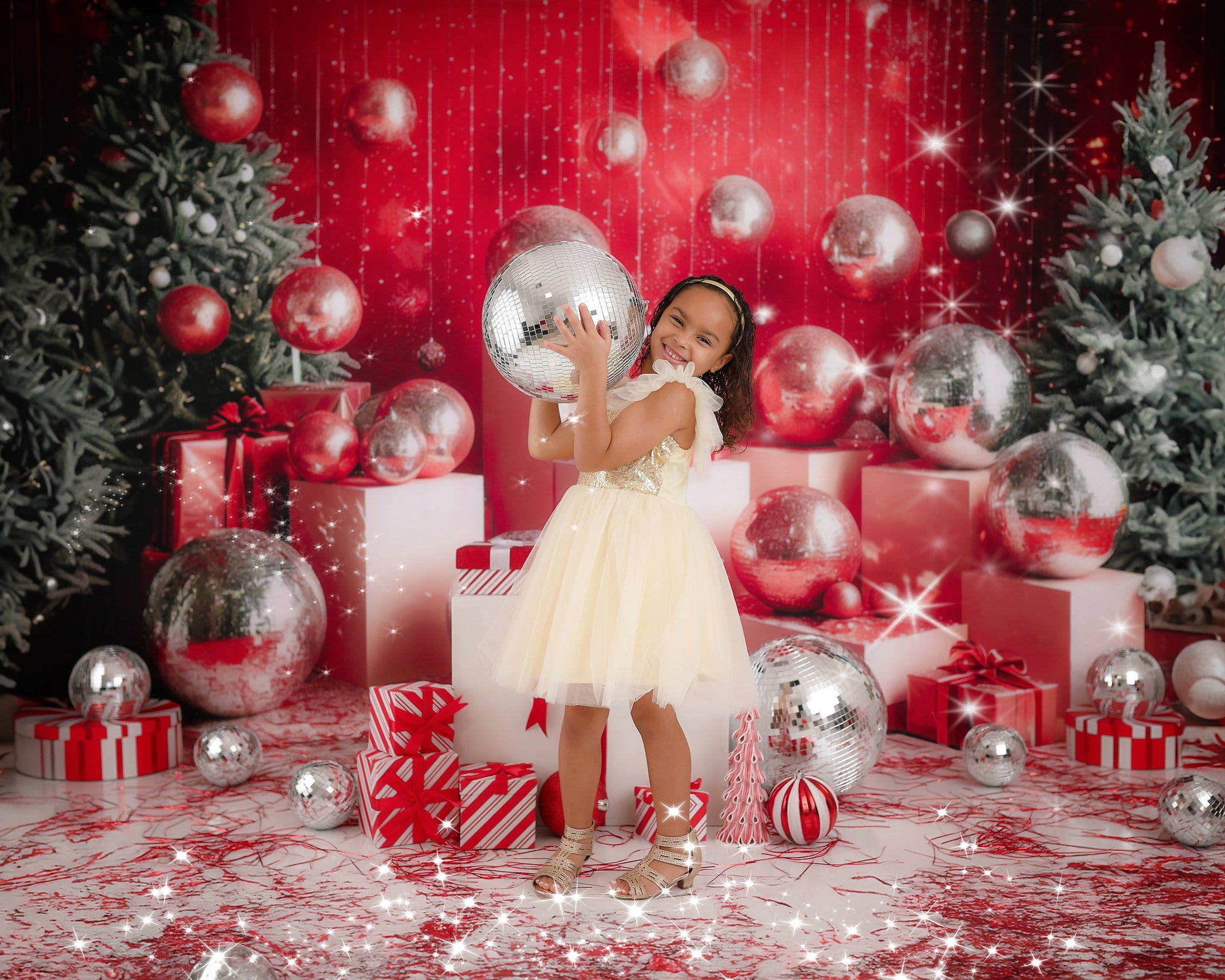 Kate Christmas Retro Disco Silver Ball Red Wall Backdrop Designed by Mini MakeBelieve