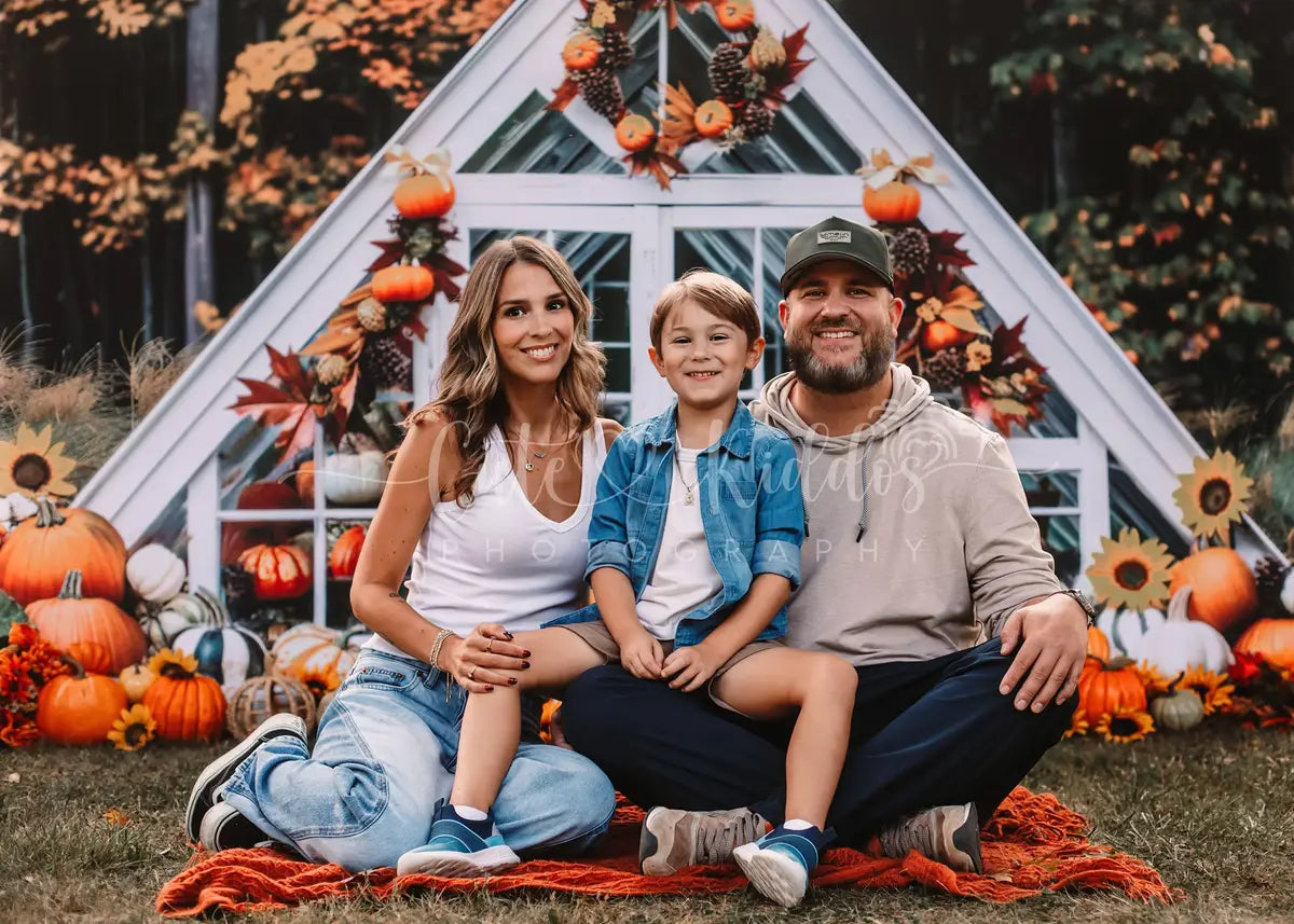 Outdoor Forest Sunflower Pumpkin White Barn Backdrop Designed by Mini MakeBelieve