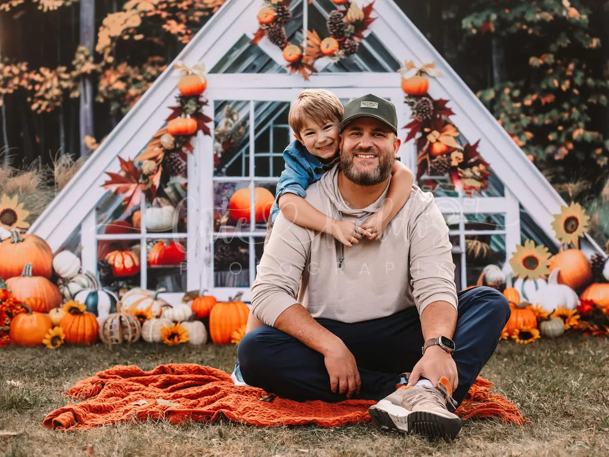 Kate Fall Outdoor Forest Sunflower Pumpkin White Barn Backdrop Designed by Mini MakeBelieve