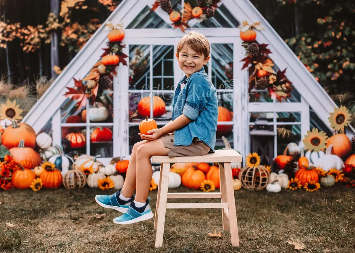 Kate Fall Outdoor Forest Sunflower Pumpkin White Barn Backdrop Designed by Mini MakeBelieve