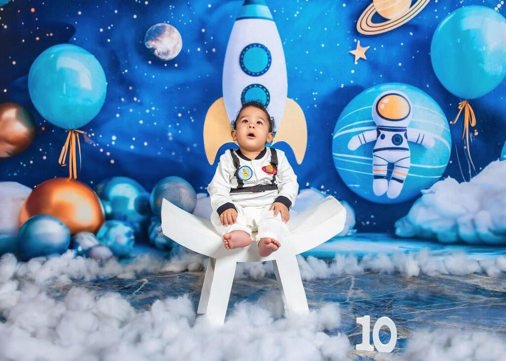 Kate Astronaut Blue Universe Space Planet Rocket Balloon Backdrop Designed by Patty Robert