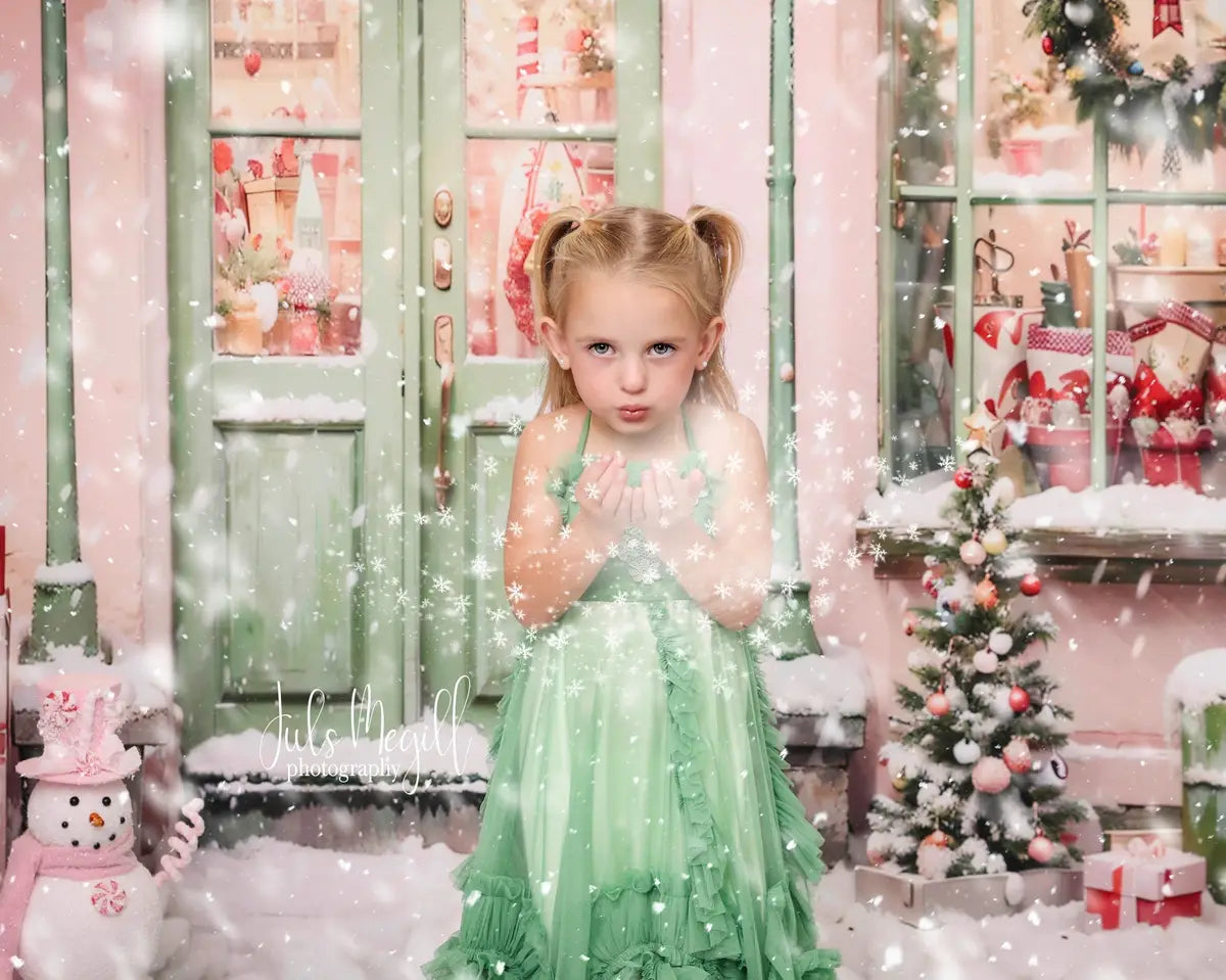 Kate Christmas Pink House Snow Gift Street Backdrop Designed by Chain Photography