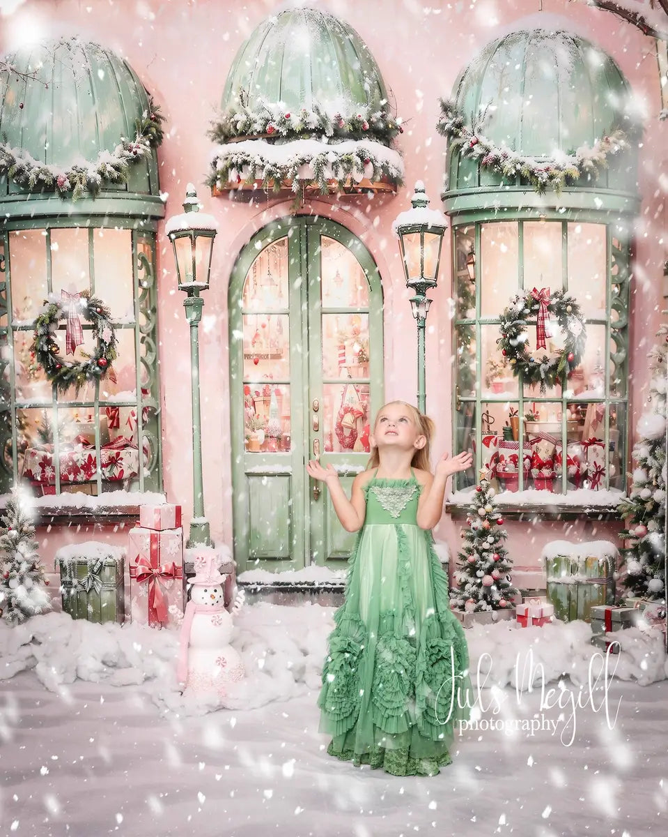 Kate Christmas Pink House Snow Gift Street Backdrop Designed by Chain Photography