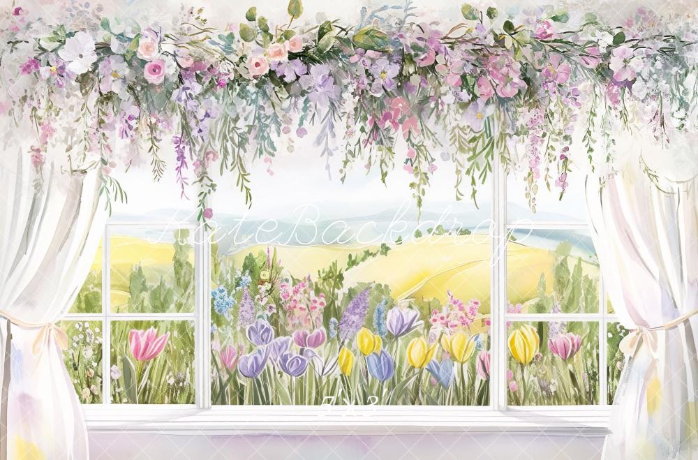 Kate Cartoon Spring Floral Window View Backdrop Designed by Mini MakeBelieve