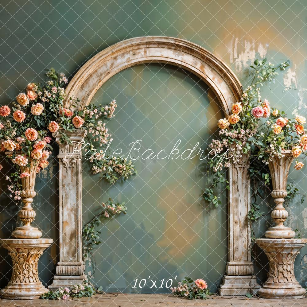 Fondo de Pared Verde Vintage de Flores de Arte Fino Diseñado por Emetselch