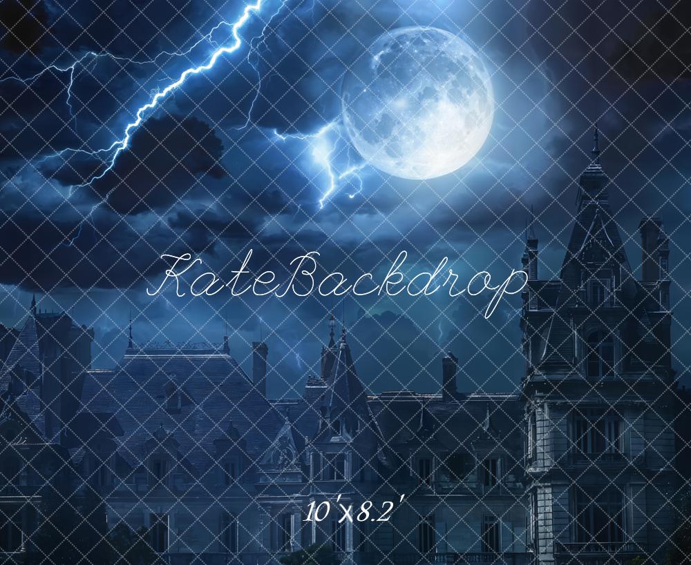 Kate Halloween Night Lightning Moon Dark Castle Backdrop Designed by Chain Photography