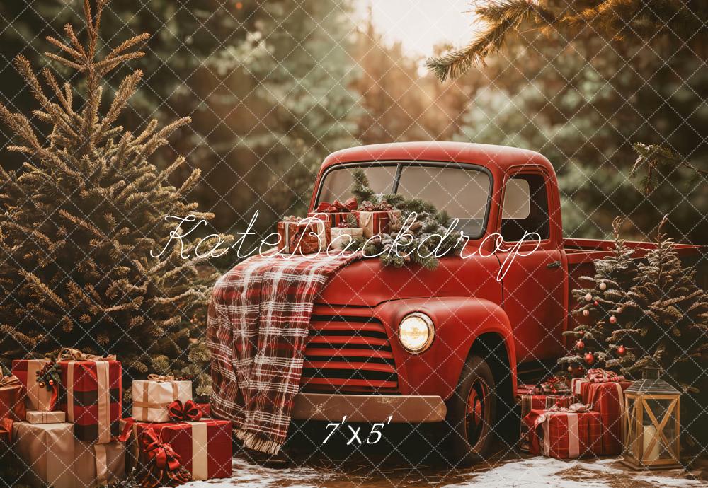 Kate Christmas Red Truck Plaid Forest Backdrop Designed by Emetselch