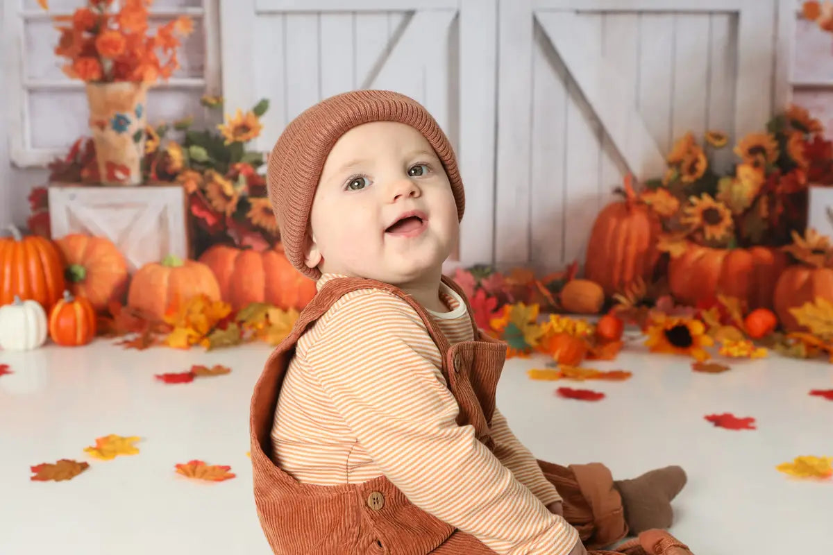 Kate Fall Pumpkin Backdrop White Barn Door Fallen Leaves Designed by Emetselch