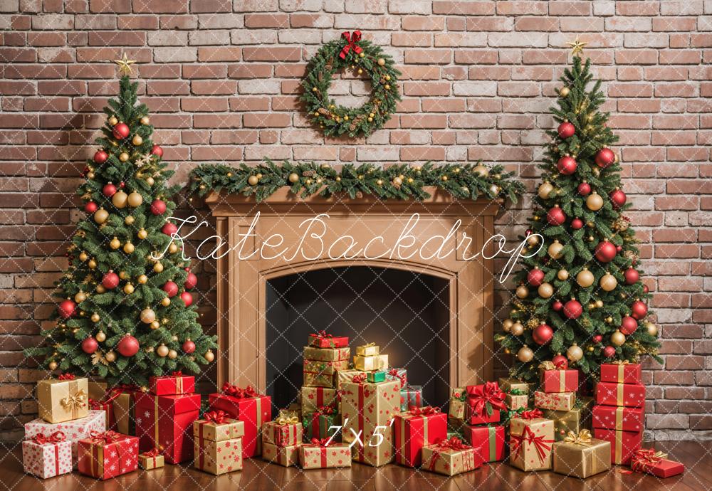 Kate Christmas Brown Fireplace Red Brick Wall Backdrop Designed by Emetselch