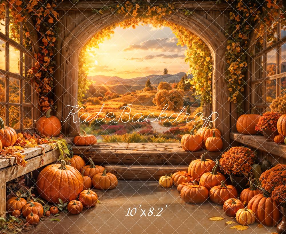 Fall Indoor Golden Pumpkin Barn Arch Window Foto Achtergrond Designed by Emetselch