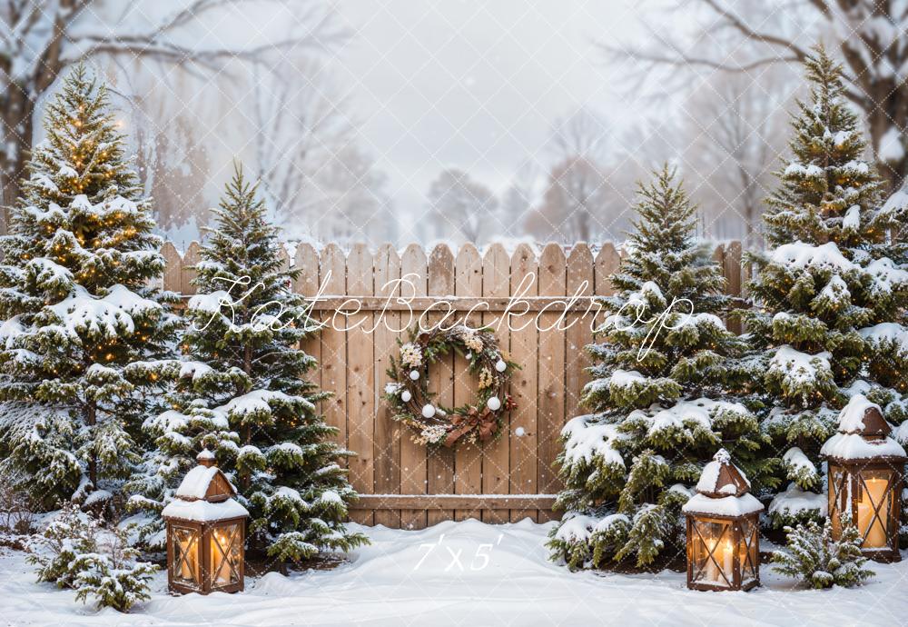 Kate Winter Outdoor Forest Christmas Tree Brown Wooden Fence Backdrop Designed by Emetselch