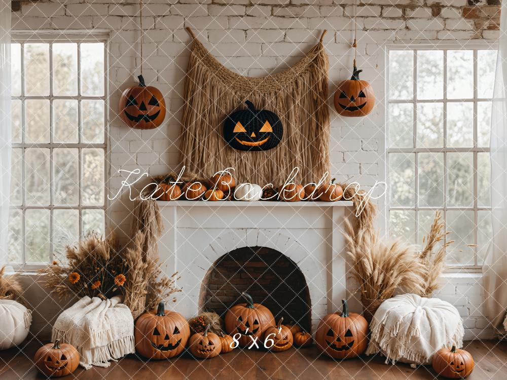 Kate Halloween Pumpkin White Fireplace Boho Backdrop Designed by Emetselch