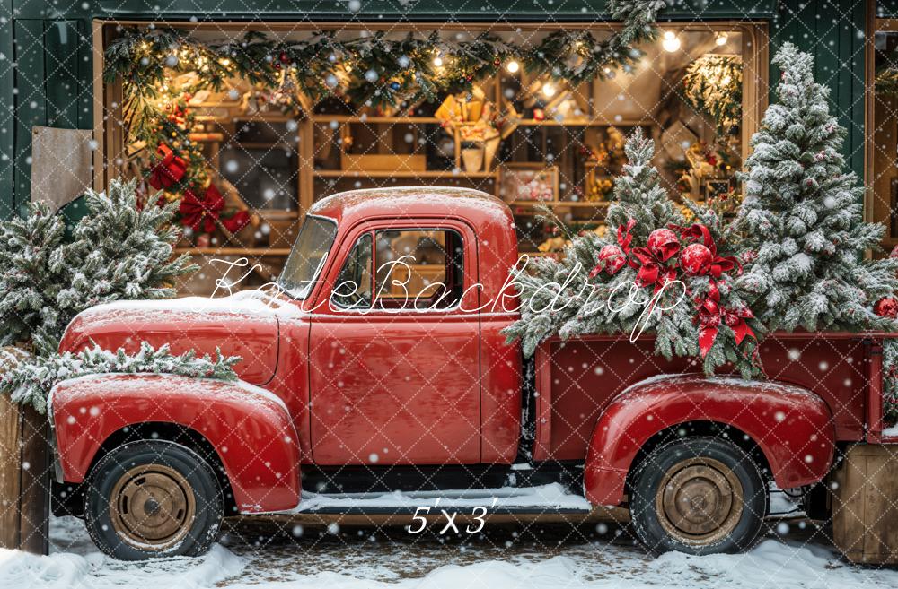 Kate Christmas Storefront Red Truck Snowy Backdrop Designed by Emetselch