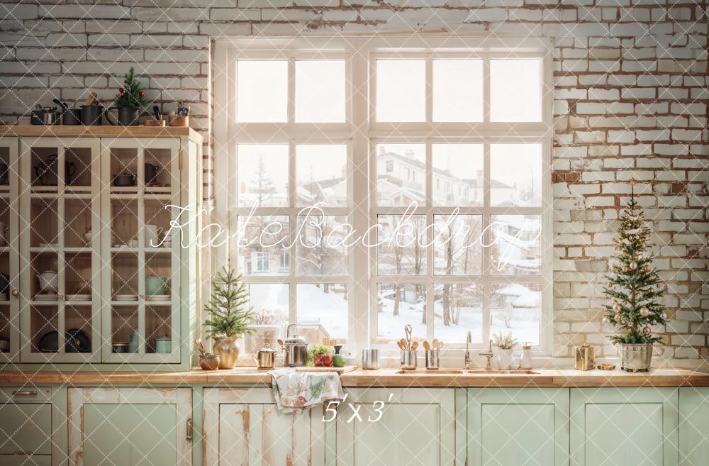 Fondo de Ventana de Gabinete Azul Claro de Cocina de Navidad Diseñado por Emetselch