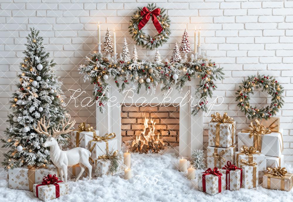 Kate Christmas Tree Fireplace Snow Deer Backdrop Designed by Emetselch