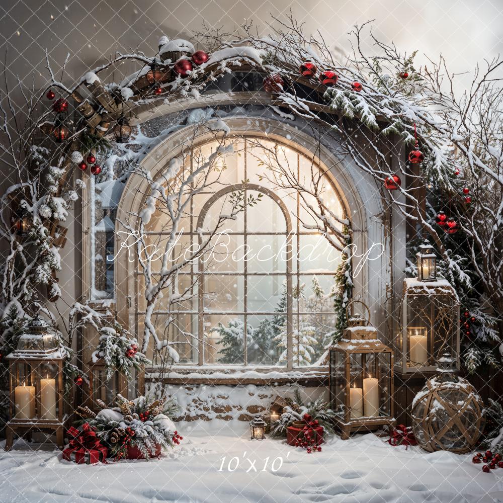 Kate Winter Christmas White Snow Arched Window Backdrop Designed by Emetselch