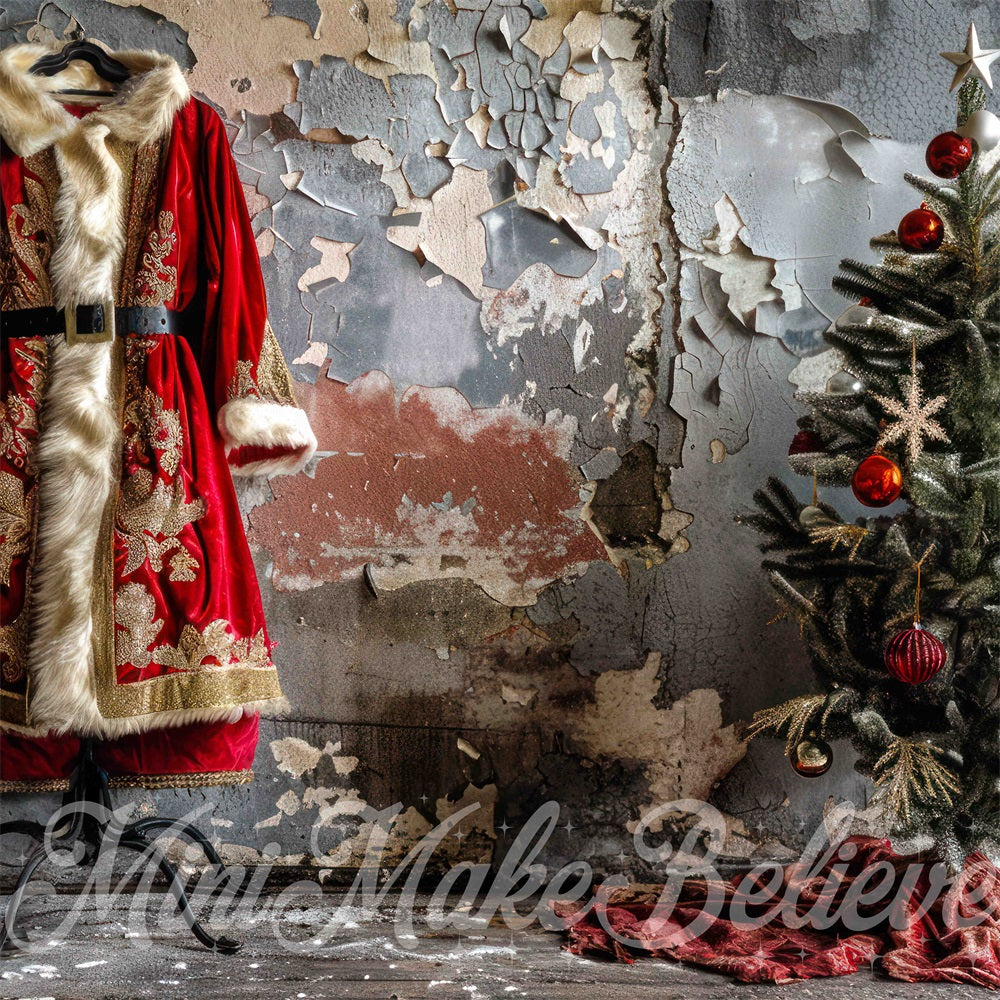 Kate Christmas Interior Shabby Santa Coat Gray Wall Backdrop Designed by Mini MakeBelieve