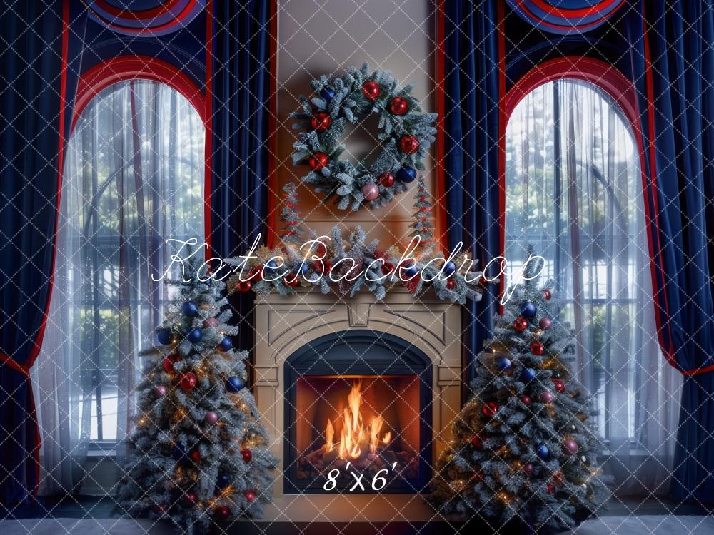 Kate Christmas Navy Red Curtains Fireplace Window Backdrop Designed by Mini MakeBelieve