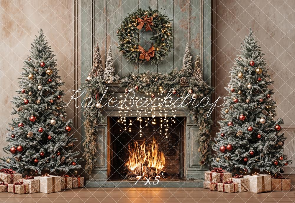 Kate Christmas Tree Vintage Fireplace Khaki Walls Backdrop Designed by Emetselch