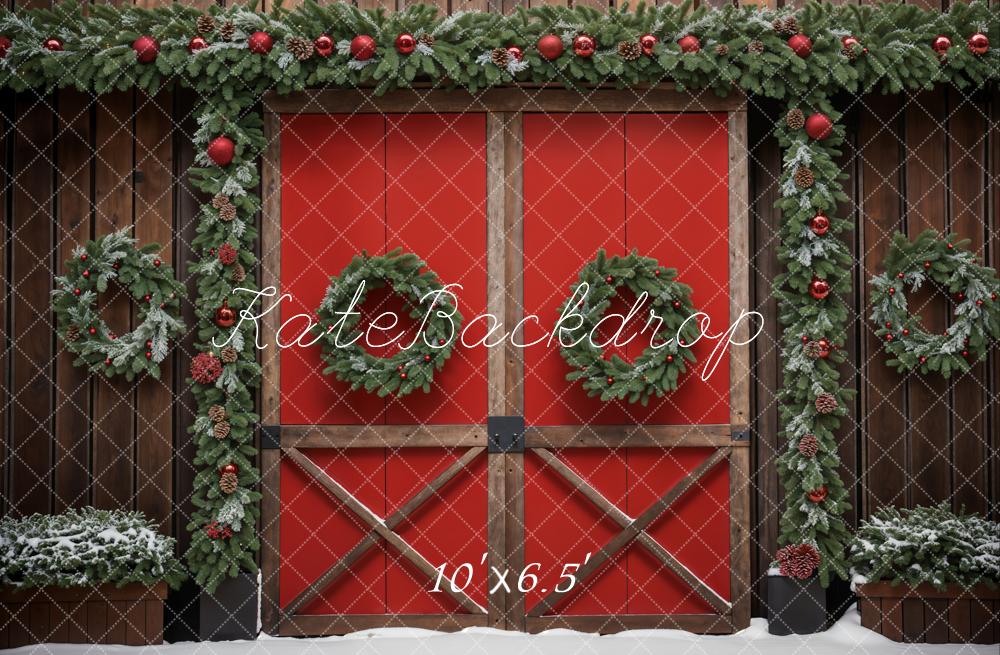 Kate Christmas Green Wreath Red Barn Door Backdrop Designed by Emetselch