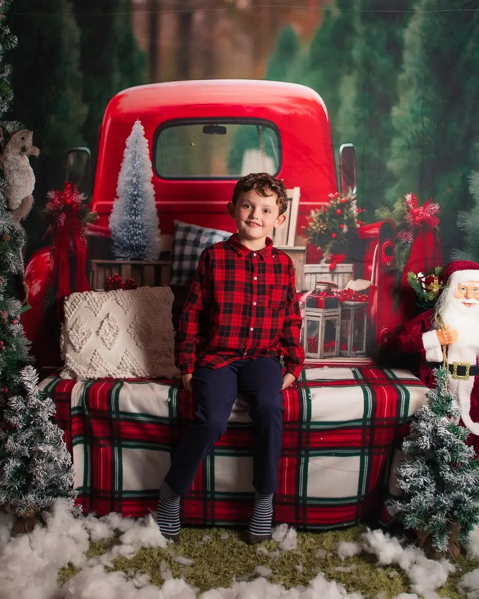 Fondo para fotografía de camioneta roja de Navidad al aire libre