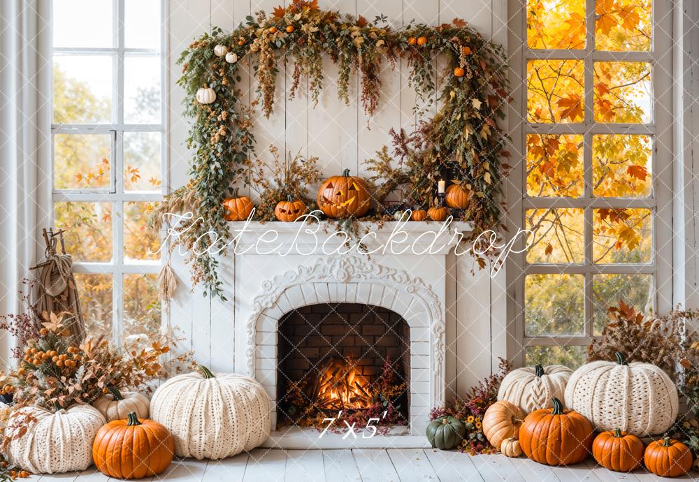 Kate Halloween Fall White Fireplace Maple Leaves Backdrop Designed by Emetselch