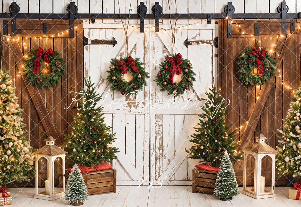 Kate Christmas Tree White Wooden Barn Door Brown Wall Backdrop Designed by Emetselch