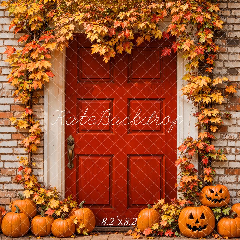 Kate Autumn Halloween Maple Leaves Red Door Brick Wall Backdrop Designed by Emetselch