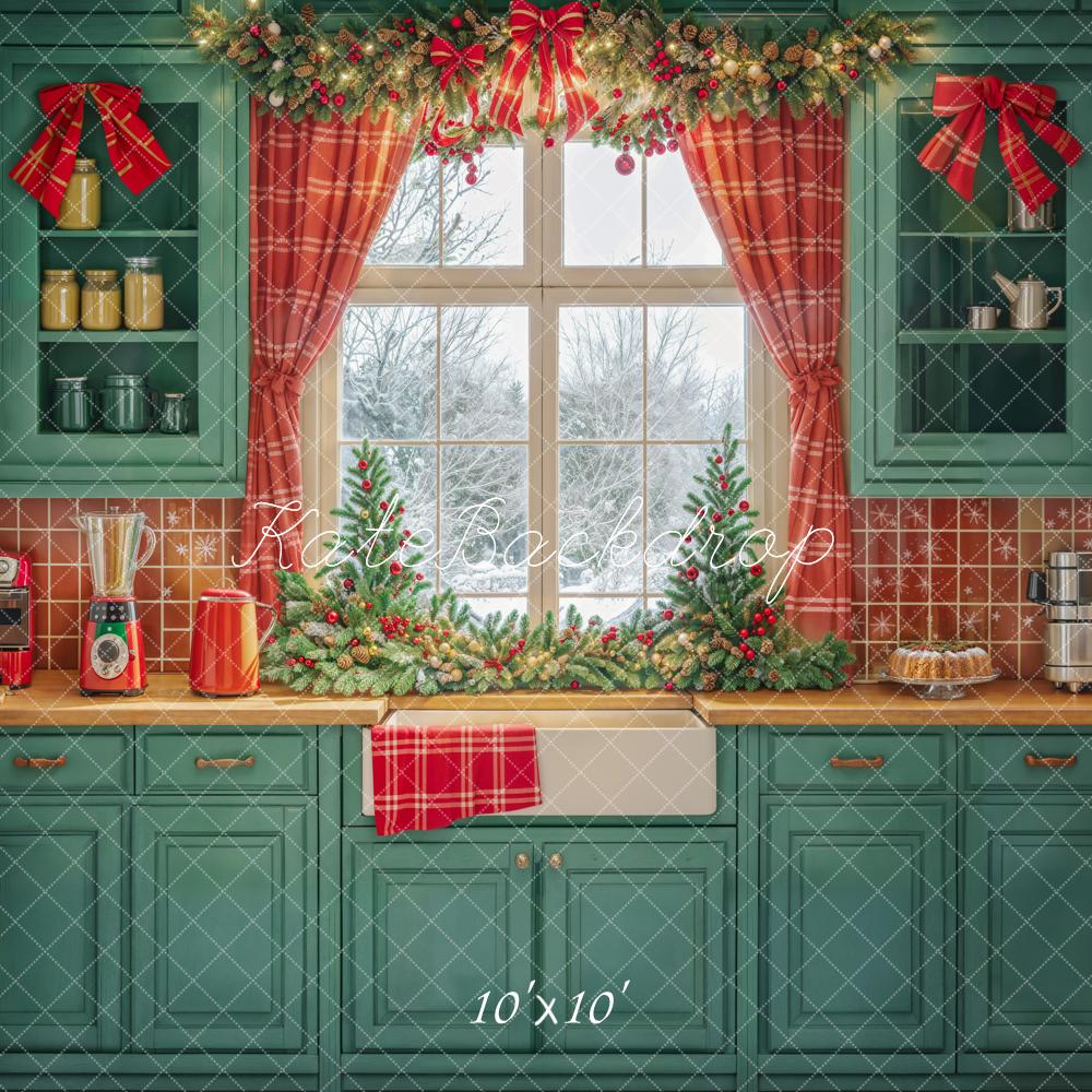 Kate Christmas Kitchen Green Cabinets Red Plaid Curtains Backdrop Designed by Emetselch