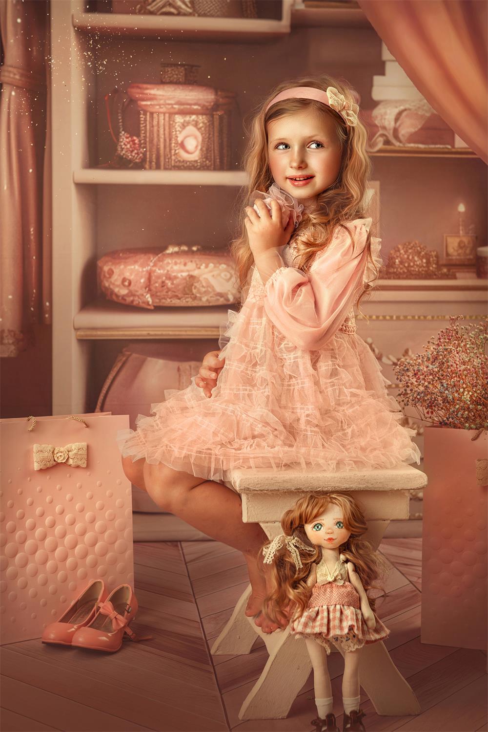 Fashion Doll Princess Closet Backdrop + Tappeto in gomma color legno beige