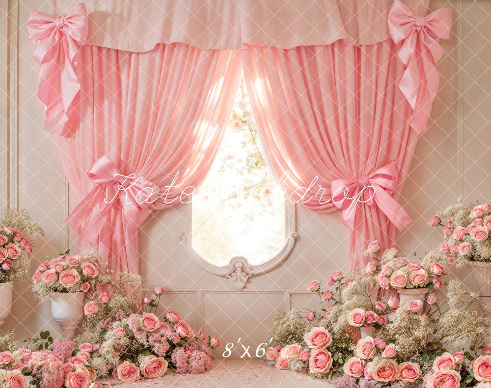 Kate Cake Smash Pink Floral Curtain Bow Backdrop Designed by Emetselch